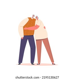 Happy Aged Couple Hug, Embrace. Elderly Characters Love, Strong Family, People Relationship, Old Man and Woman Dating, Romantic Loving Feelings, Emotions, Romance. Cartoon Vector Illustration
