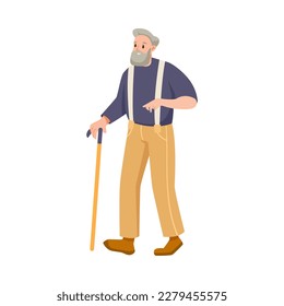 Happy Aged Gray-haired Man on Retirement Walking with Cane Vector Illustration