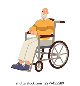 Happy Aged Gray-haired Man on Retirement Sitting in Wheelchair Vector Illustration