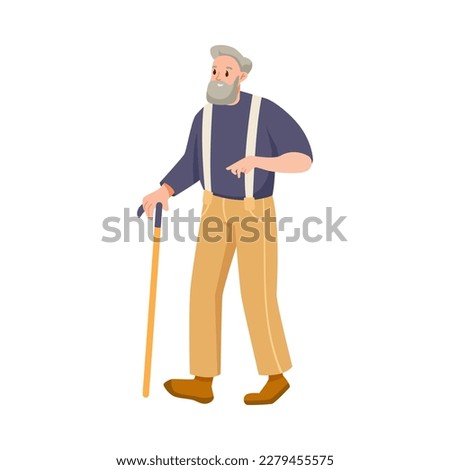 Happy Aged Gray-haired Man on Retirement Walking with Cane Vector Illustration