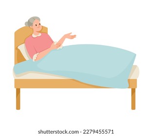 Happy Aged Gray-haired Woman on Retirement Lying in Bed Vector Illustration