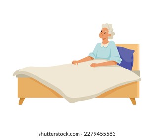 Happy Aged Gray-haired Woman on Retirement Lying in Bed Vector Illustration