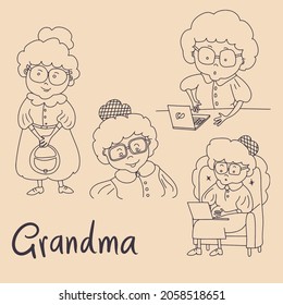 Happy aged lady - grandmothers set. Positive elderly women in different situation: stand, smile, use laptop. Old people emotions and expressions vector illustration

