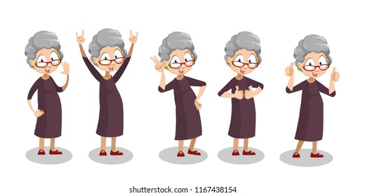 Happy aged lady showing different gestures. Positive elderly woman doing thumb up, v sign, hello and rock gestures. Funny granny animation set. Old people emotions and expressions vector illustration