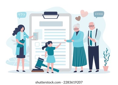 Happy aged parents with daughter. Elderly couple with kid girl standing near adoption agreement. Social worker give adoption application. Adoption papers laid out ready for completion. flat vector