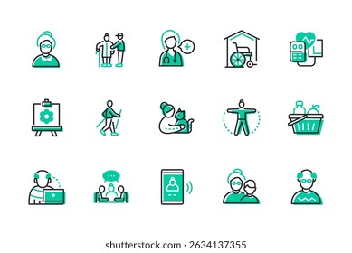 Happy aging and care - set of line design style icons