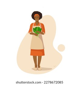 Happy agricultural black female vegetables seller. Eat local organic products vector illustration. Organic farming concept in flat design