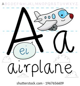 Avión feliz sobrevolando las nubes, aprendiendo la letra "A" del alfabeto y practicando su pronunciación en inglés.