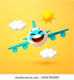 Avión feliz. Concepto de viaje con avión sonriente volador, nubes y sol