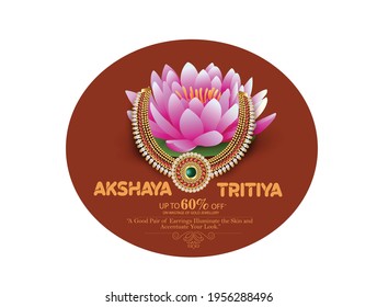 Happy Akshay Tritiya celebration, Pot, gold, coconut and mango leaves, lotus flower, gold jewellery symbol of prosperity 