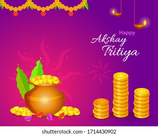 Happy Akshay Tritiya festival greeting layout with gold coins and kalash with decorative elements. Vector illustration.
