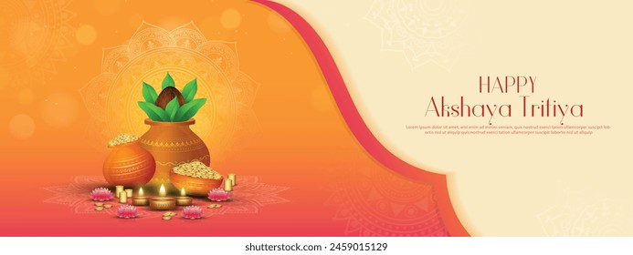 Happy Akshaya Tritiya - banner template design with gold coin in pot and decorative diya lamp. vector illustration.