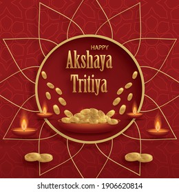 Happy Akshaya Tritiya festival celebration, the indian’s gold festival with gold coins and oriental elements on paper color background 