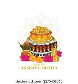 Happy akshaya tritiya festival with gold coin pot