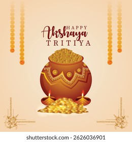 Happy akshaya tritiya festival with gold coin pot and diya
