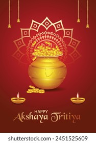 Happy Akshaya Tritiya golden pot with temple bell golden diya vector poster