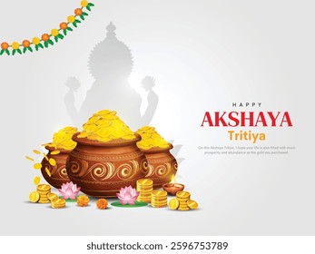 happy Akshaya Tritiya of India. Concept with traditional money pot with laxmi mata on background. abstract vector illustration design