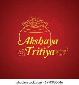 Happy Akshaya Tritiya, Indian religious festival background with greeting text and line drawing illustration of pot full of gold coins.