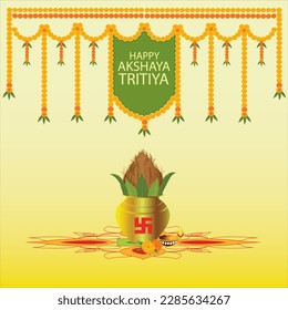 Happy Akshaya Tritiya a kalash with betel leaves and coconut placed on rangoli design marigold floral toran hanging on top and English typography on vignetted yellow color background.