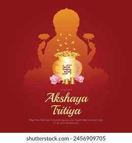 Feliz Akshaya Tritiya Post y tarjeta de felicitación. Festival Indio Akshaya Tritiya Anuncio con Texto y Monedas de Oro Ilustración vectorial