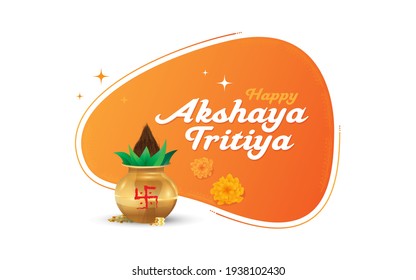 Happy Akshaya Tritiya Sticker Banner Design Background Template With Pooja Kalash Copper Pot With Leaves