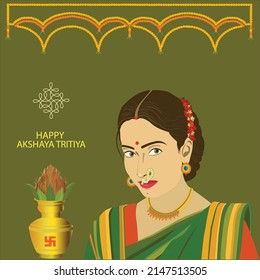 Happy  Akshya tritiya  auspicious pot with coconut and mango leaves, rangoli design and hanging marigold flowers with  Maharashtrian lady face on green color background.