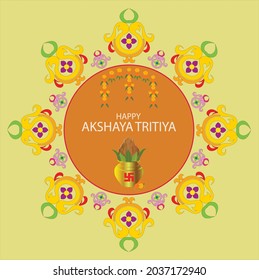 Happy Akshya tritiya indian festival with decorative elements in circle with Toran and English typography on light yellow background. 