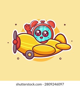 happy alam clock character mascot flying an airplane isolated cartoon