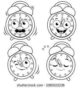 Happy alarm clock characters. Vector black and white coloring page.