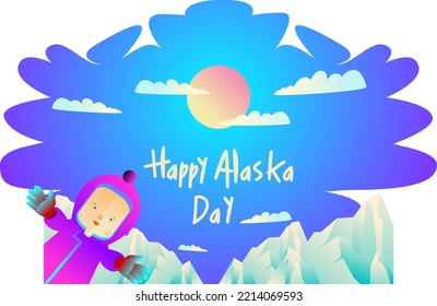 Happy Alaska Day With Childern Character And Mountain And Blue Sky For Background 