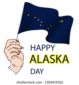 Happy Alaska Day on October 18. Waving flag of Alaska state of United States of America holds the hand of a woman. Vector illustration