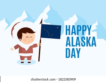 Fröhliche Alaska-Tag-Vektorgrafik. Cute Inuit mit Alaska Fahnenkartoon Charakter. Alaskan Menschen in einer Winterlandschaft Vektorgrafik. Wichtiger Tag