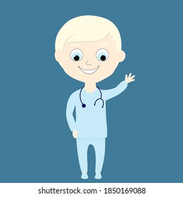 Happy albino boy in doctor clothes waving hello. Cute and friendly child for illustrations of medical themes for kids in a children's style. Illustrations of the types of profession for kids.