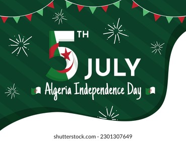 Feliz Día de la Independencia de Argelia Ilustración con bandera ondeando con mano de caricatura plana dibujada en plantillas de fondo verde