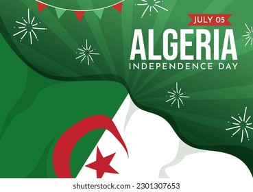 Happy Algeria Independence Day Vector Illustration with Waving Flag in Flat Cartoon Hand Drawn Landing Page Green Background Templates