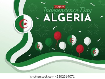 Happy Algeria Independence Day Vector Illustration with Waving Flag in Flat Cartoon Hand Drawn Landing Page Green Background Templates