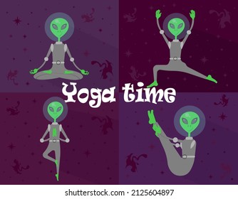 Happy alien doing yoga in outer space. Several different yoga poses. Zen and harmony concept.
Zen and harmony concept. Banner in cartoon style. Vector illustration. Card, poster ,background, print

