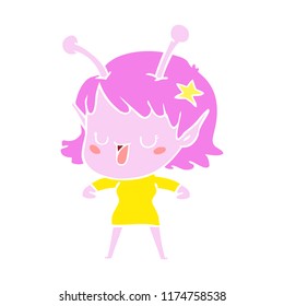 happy alien girl flat color style cartoon