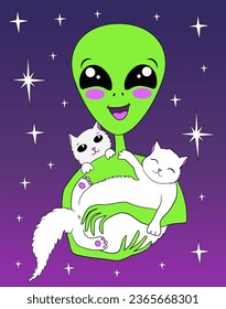 Happy alien hugs cute cats. Cartoon vector icon illustration