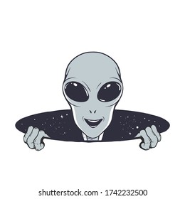 Happy alien peeps out from the hole of space. Vector illustration