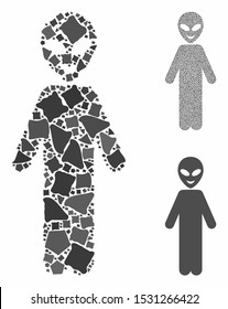 Happy alien person composition of tuberous parts in different sizes and color tints, based on happy alien person icon. Vector tuberous parts are combined into composition.
