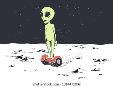 Happy alien rides on gyro scooter on unknown planet. Vector illustration