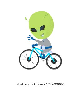 Happy alien riding bicycle and waving with hand. Character, mascot, leisure. Can be used for topics like ufo, science fiction, activity
