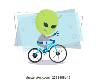 Feliz alienígena andando de bicicleta e acenando com a mão. Personagem, mascote, lazer. Pode ser usado para tópicos como ufo, ficção científica, atividade