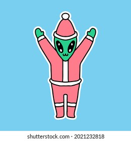 happy alien with Santa costume, cartoon illustration for stickers and t shirt.