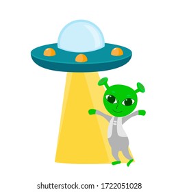 Happy alien in space suit in a ray from a flying saucer. Cartoon funny character in childish style isolated on white background. World UFO Day.