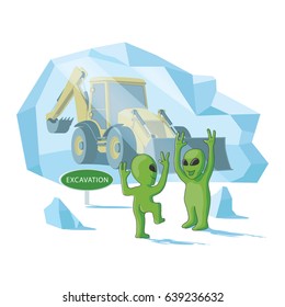 Happy aliens excavate a human excavator somewhere in the southern or northern pole