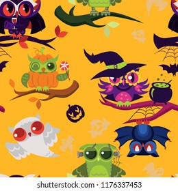 Happy All Hallows Eve nightbirds seamless pattern