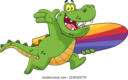 Happy Alligator Or Crocodile Cartoon Character Running With A Surfboard. Vector Hand Drawn Illustration Isolated On White Background