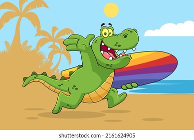 Happy Alligator Or Crocodile Cartoon Character Running With A Surfboard. Vector Hand Drawn Illustration With Palms And Beach Background